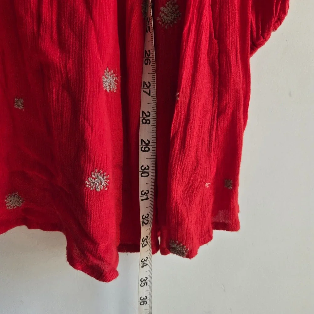 Free People XS Mini Dress Womens Red Good Embroidered V-Neck Boho Pockets